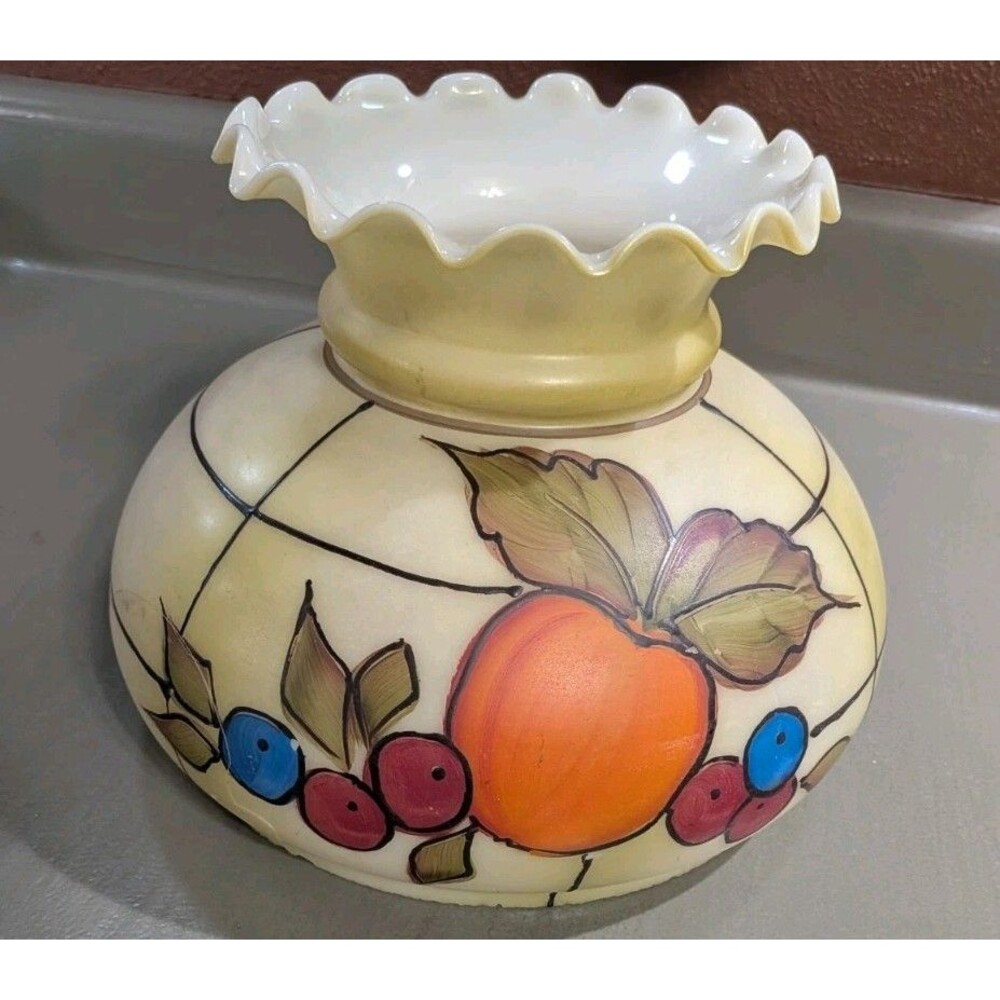Vintage Hand Painted Peach And Berries Milk Glass Hurricane Shade 1970s 7"